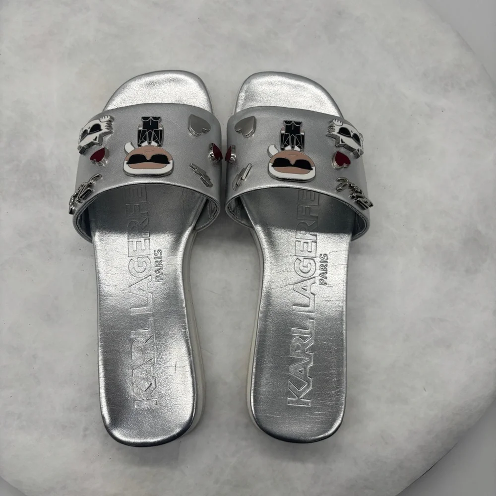 Karl Lagerfeld Silver Slide Sandals with Cartoon Design Size 6.5
